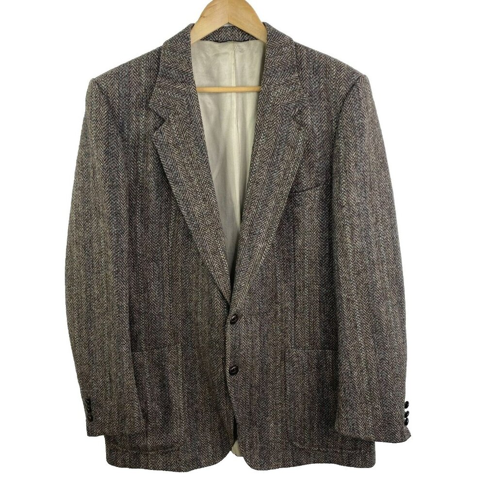 VTG HARRIS TWEED Blazer Sport Coat Jacket Herringbone Wool Size 44L Brown FLAW